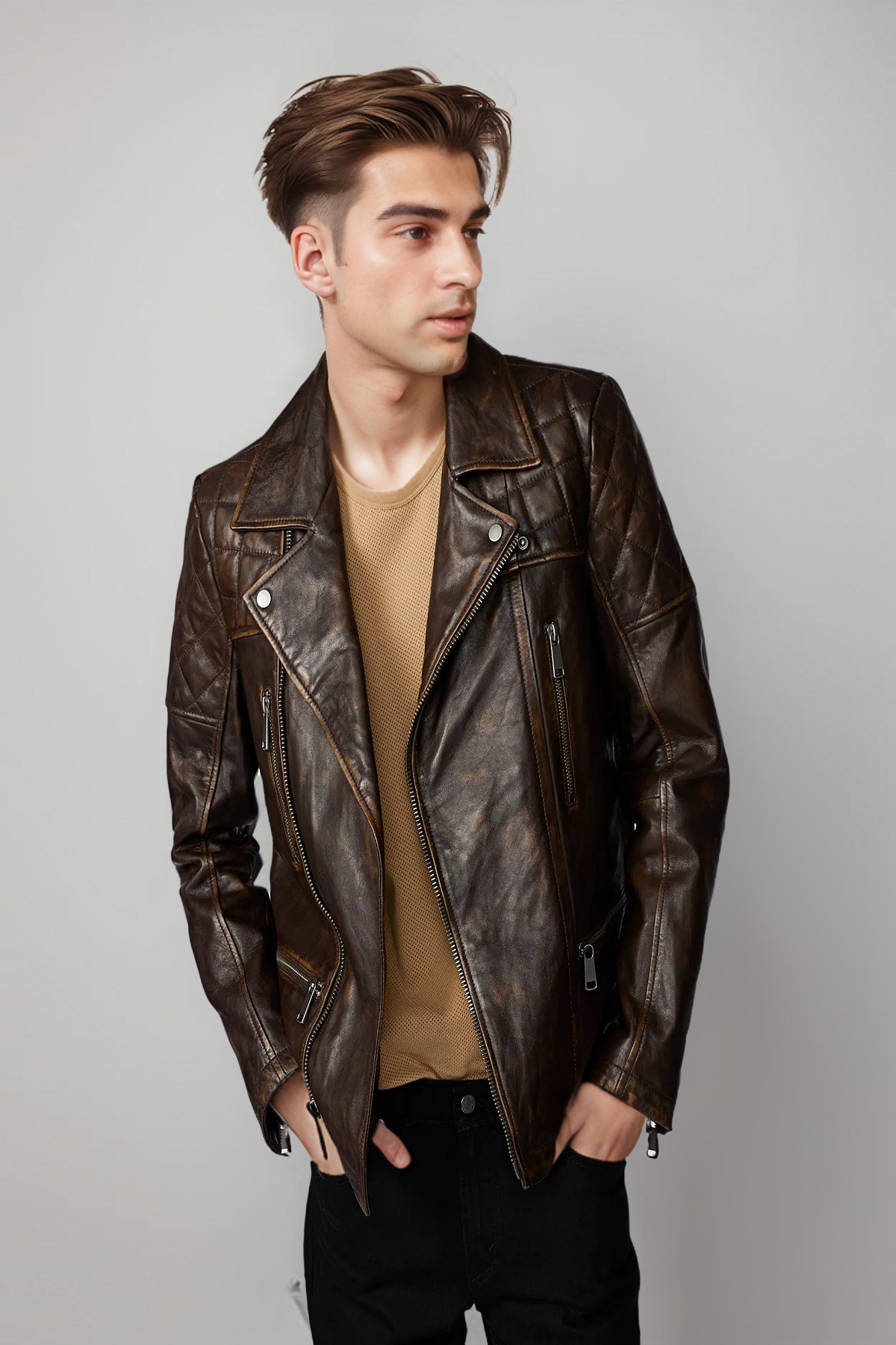 Brown real leather biker jacket, motorcycle leather jacket, men's cafe racer leather jacket, cafe racer leather jacket, varsity café racer leather jacket, Slim-fit leather jacket, 