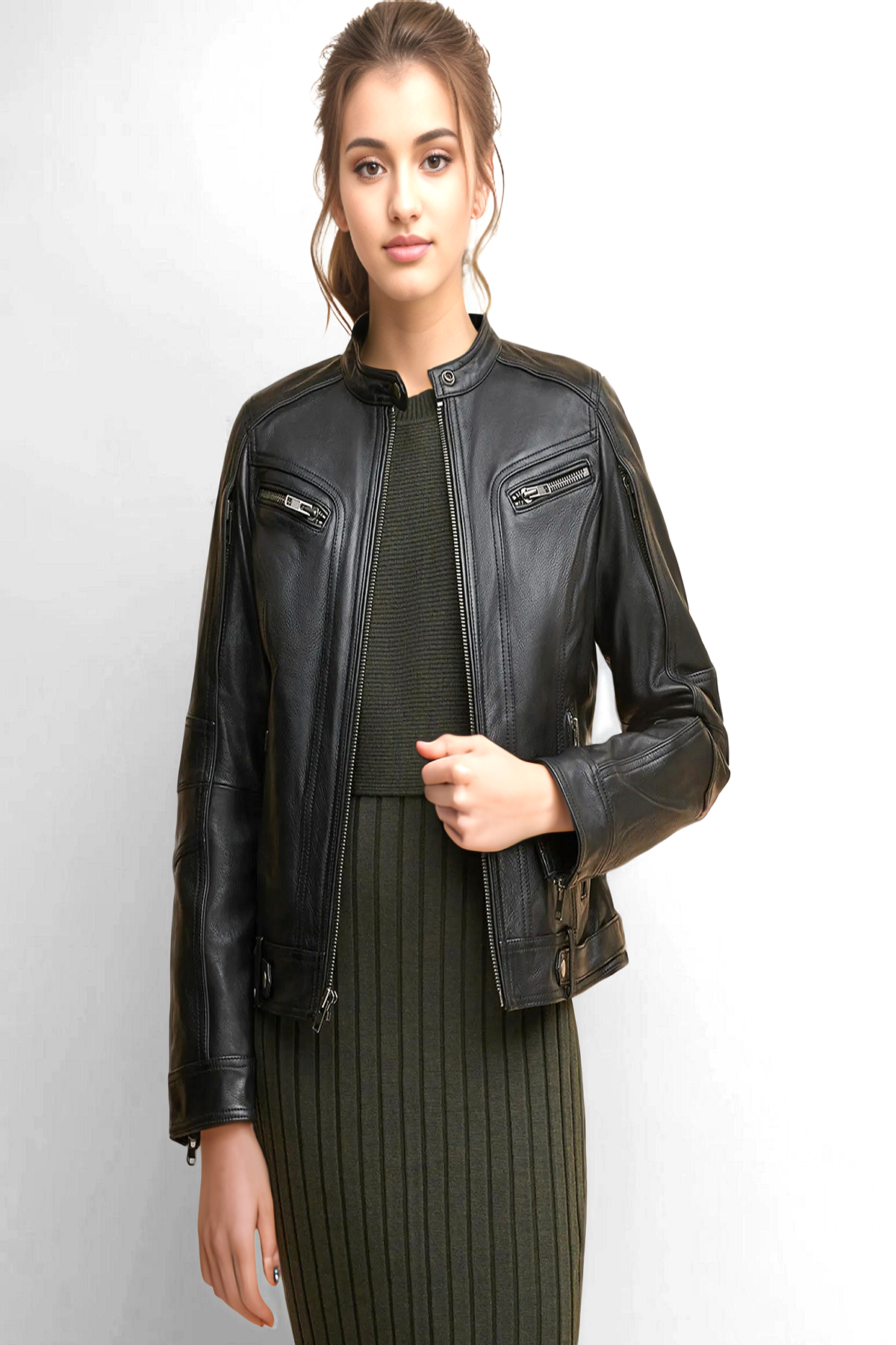 . Women's black leather cafe racer jacket with quilted detailing and silver hardware. 2. Stylish women's black leather cafe racer jacket featuring quilted design and silver accents. 3. Chic women's black leather cafe racer jacket with quilted pattern and silver embellishments. 4. Trendy women's black leather cafe racer jacket adorned with quilted details and silver accents. 5. Fashionable women's black leather cafe racer jacket with quilted detailing and silver hardware.