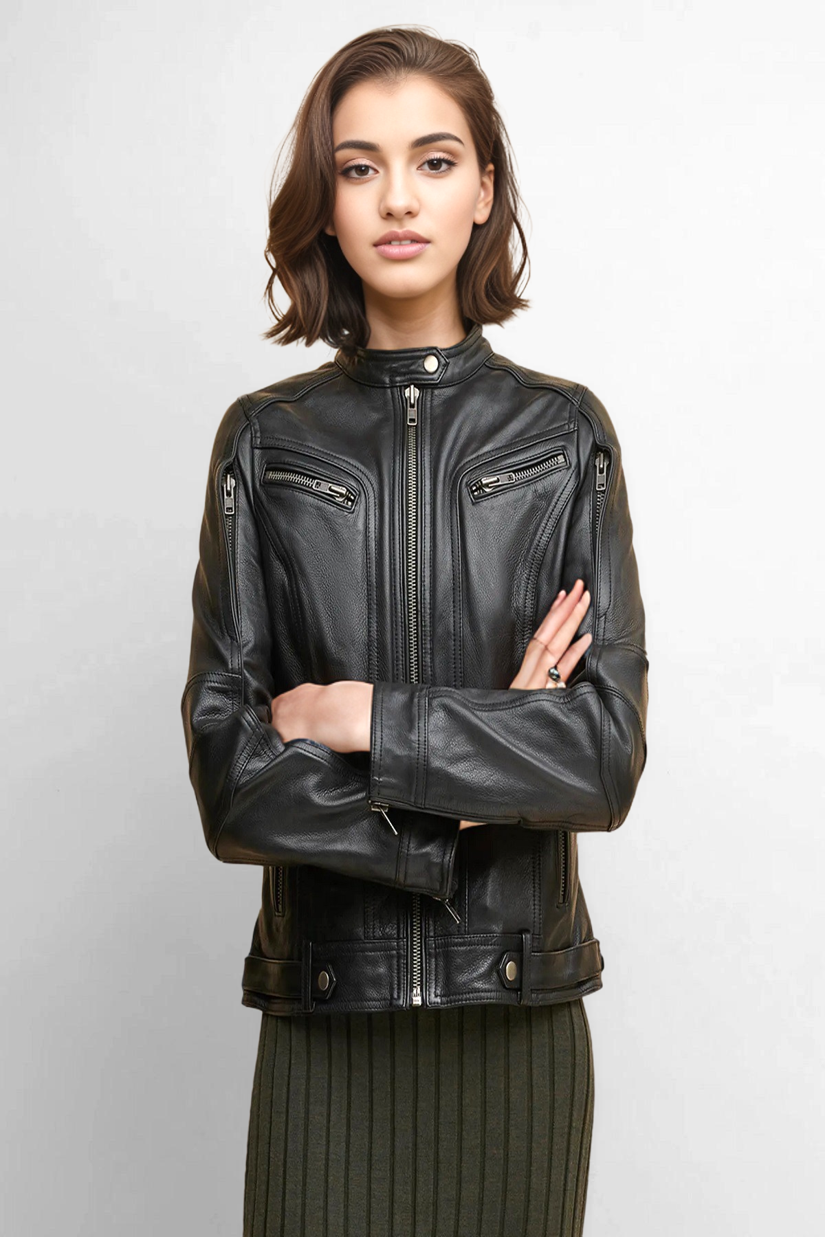 Black leather motorcycle jacket in a classic racer style, Black leather racer jacket,Chic black leather racer jacket, Sleek black leather racer jacket