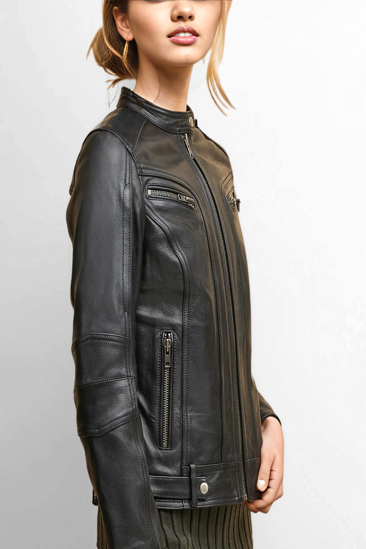 Black leather motorcycle jacket in a classic racer style, Black leather racer jacket,Chic black leather racer jacket, Sleek black leather racer jacket