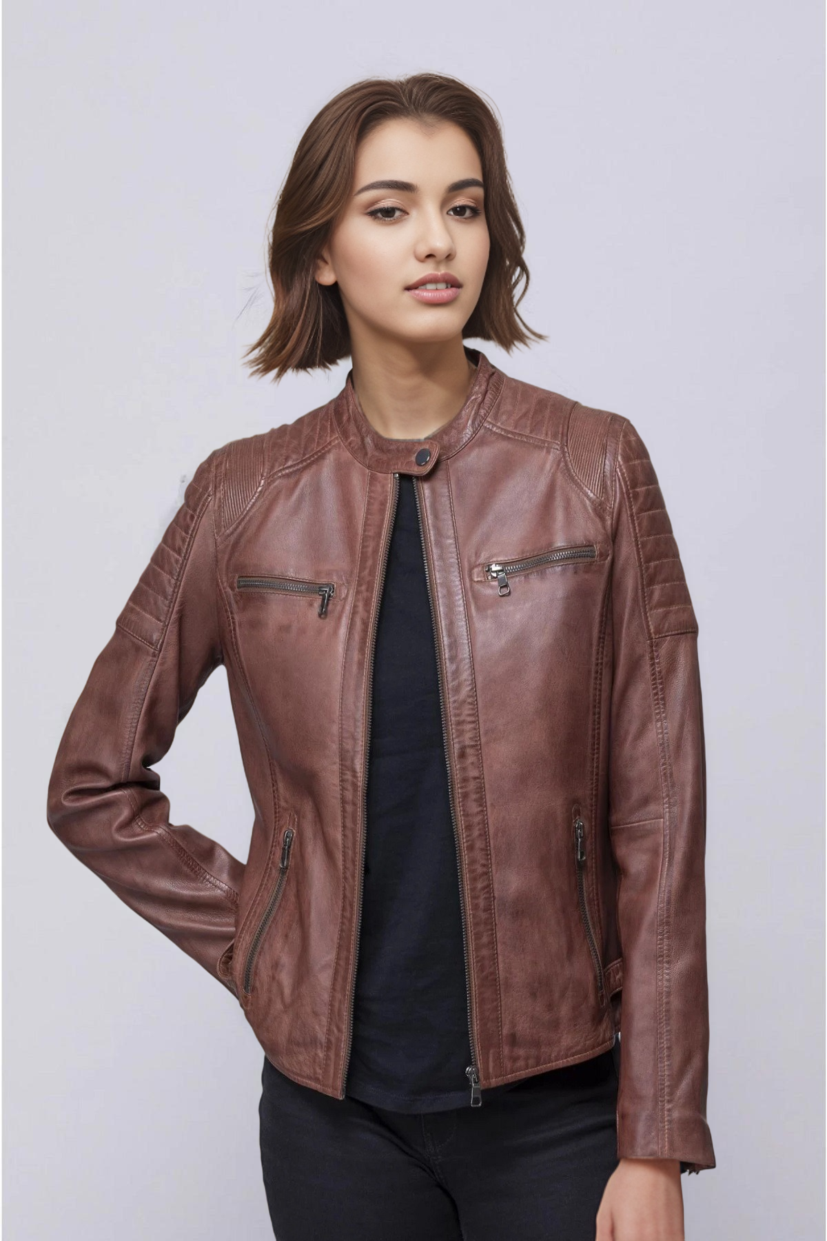 brown leather cafe racer jacket women's brown moto jacket biker collarless jacket motorbike leather jacket for women brown leather cafe racer jacket usa