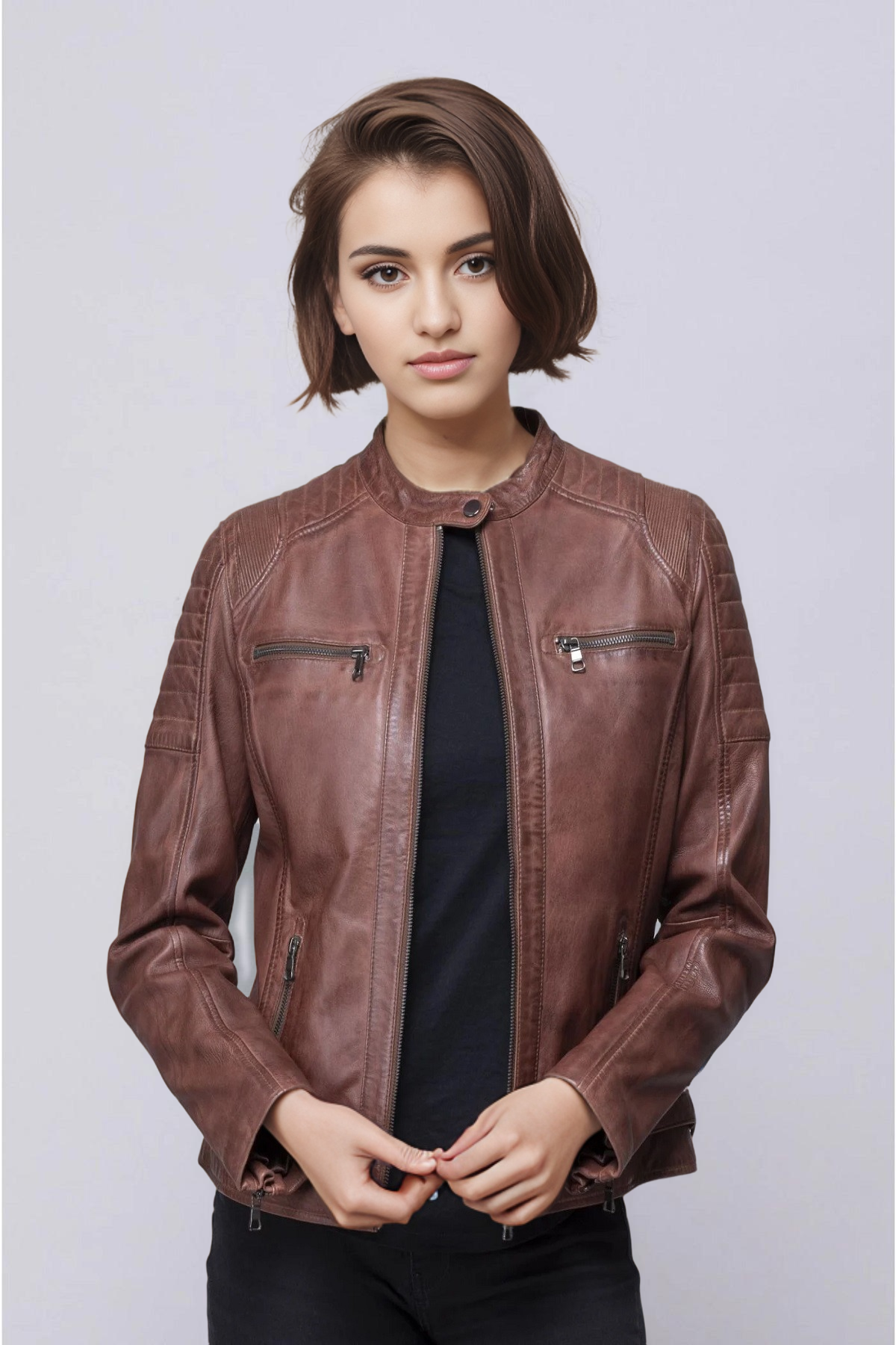 brown leather cafe racer jacket women's brown moto jacket biker collarless jacket motorbike leather jacket for women brown leather cafe racer jacket usa