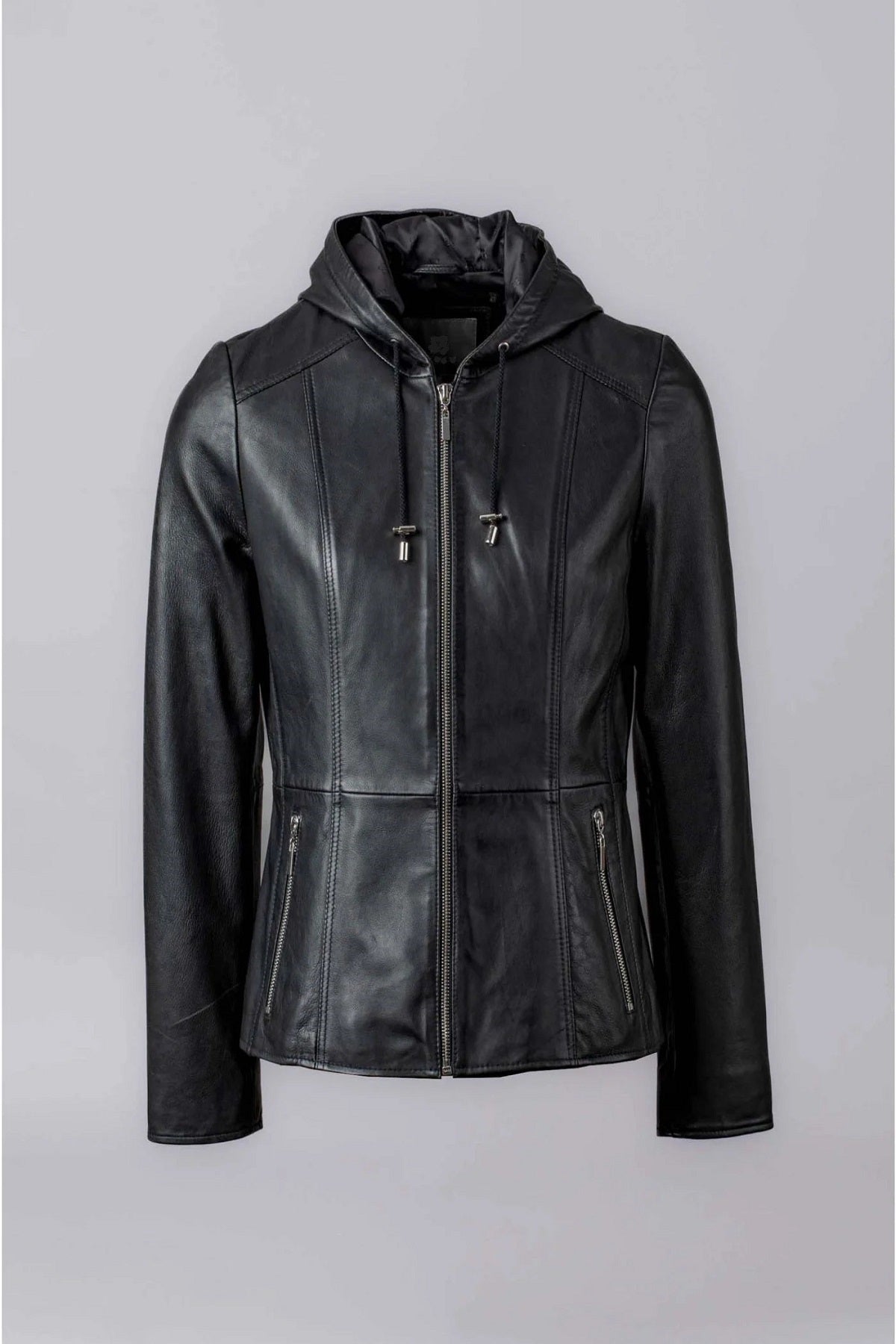 Women's black leather jacket with hood, Women's black, full-grain leather jacket with a detachable , black leather jacket