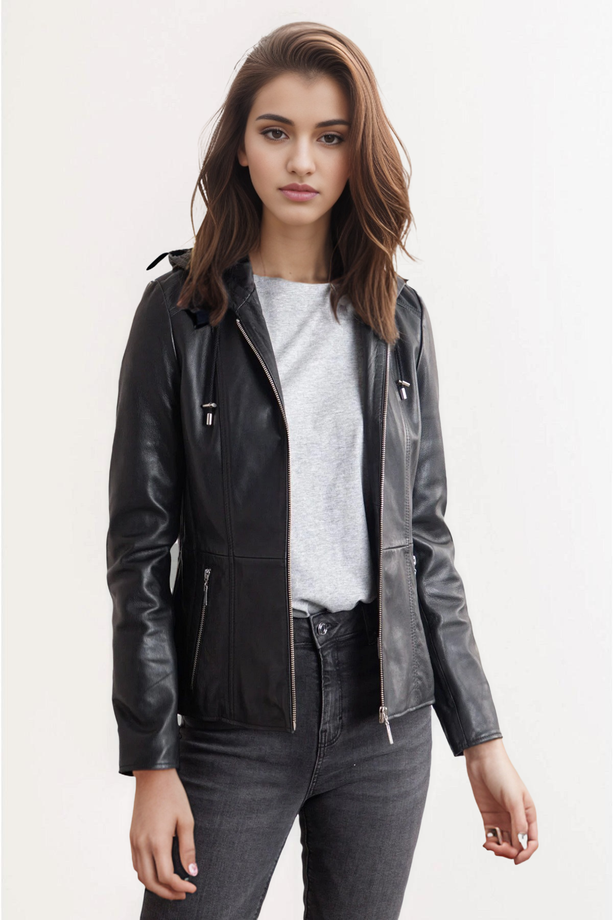 Women's black leather jacket with hood, Women's black, full-grain leather jacket with a detachable , black leather jacket