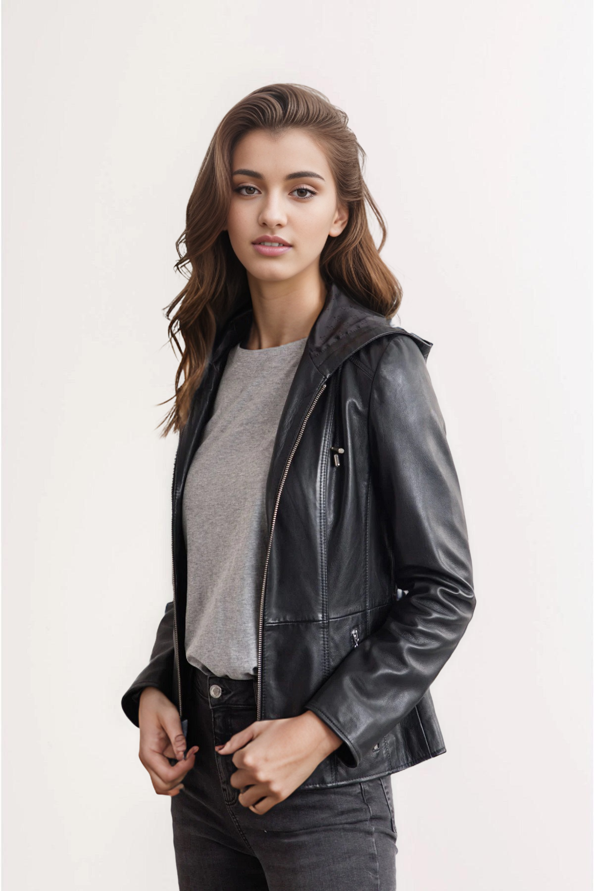 Women's black leather jacket with hood, Women's black, full-grain leather jacket with a detachable , black leather jacket