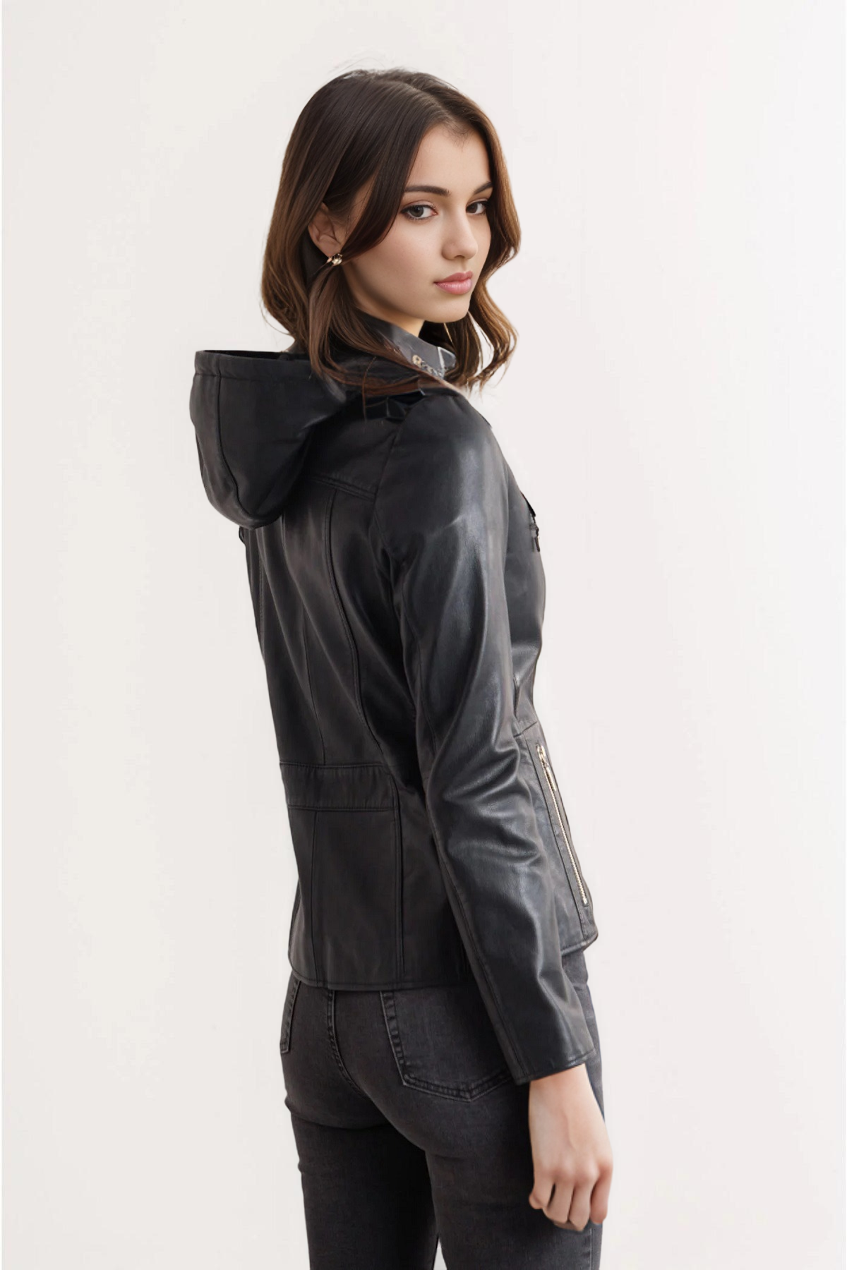 Women's black leather jacket with hood, Women's black, full-grain leather jacket with a detachable , black leather jacket